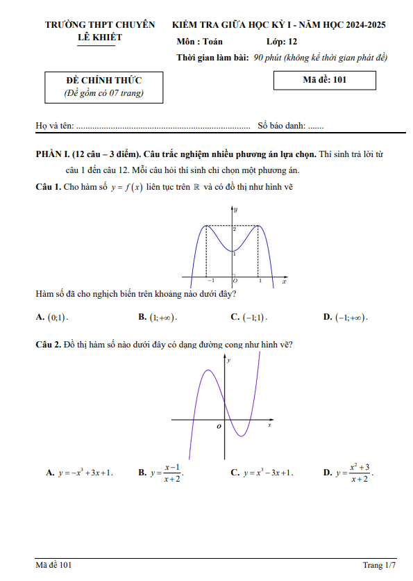 đề giữa kỳ 1 toán 12 năm 2024 – 2025 trường chuyên lê khiết – quảng ngãi