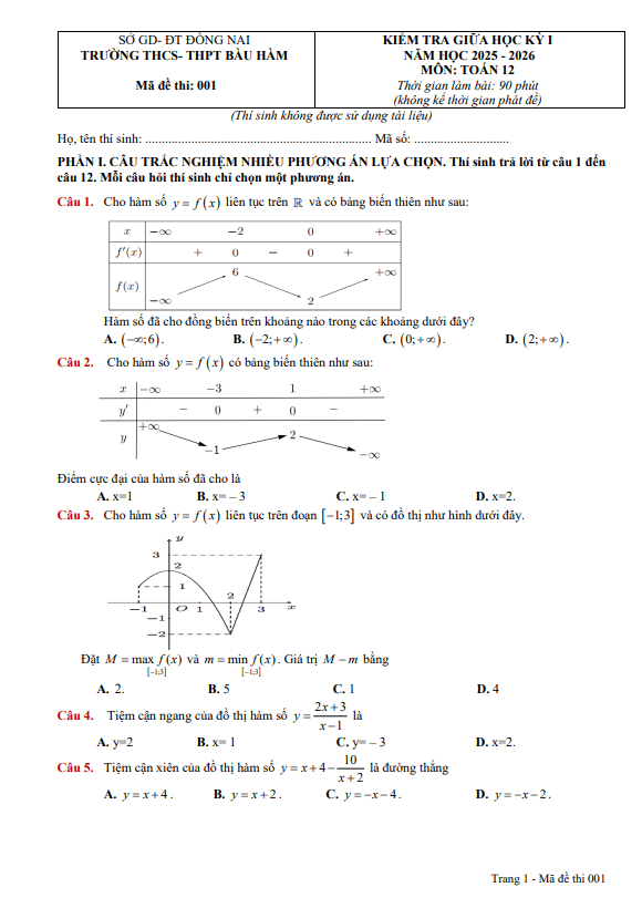 đề giữa kỳ 1 toán 12 năm 2025 – 2026 trường thcs-thpt bàu hàm – đồng nai