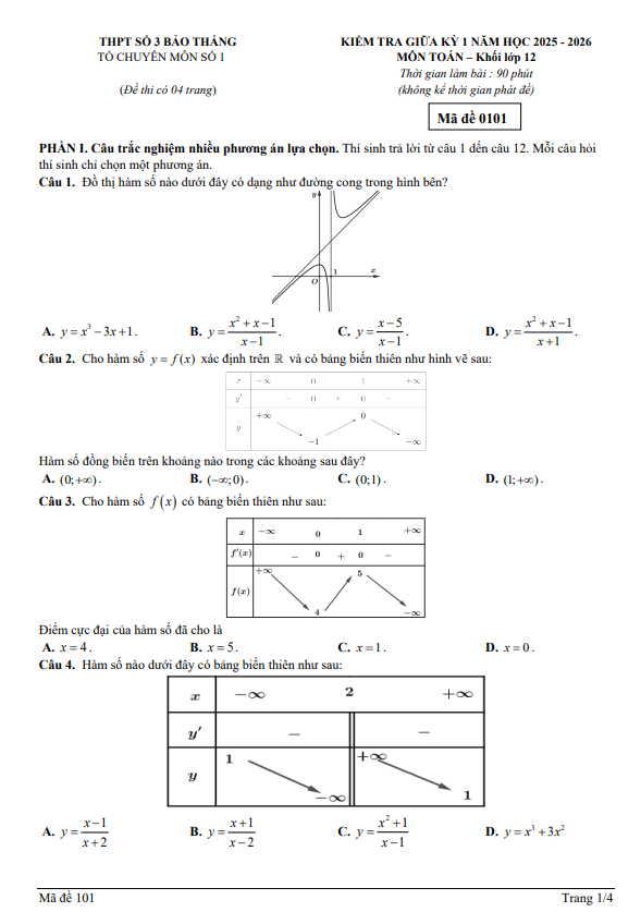 đề giữa kỳ 1 toán 12 năm 2025 – 2026 trường thpt bảo thắng 3 – lào cai