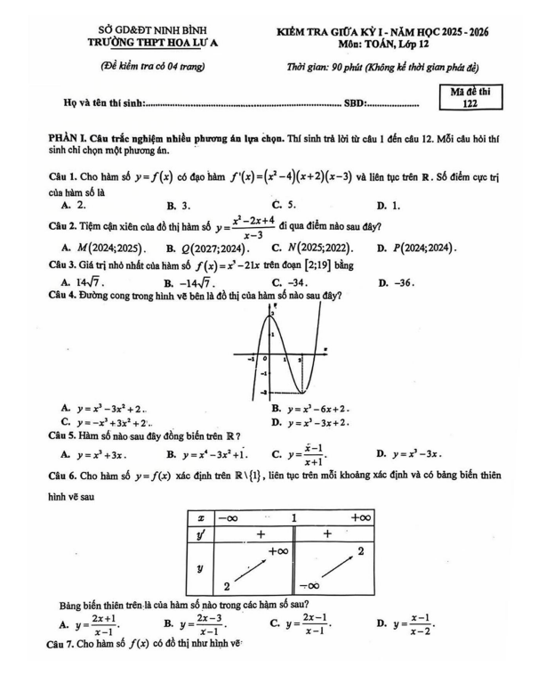 đề giữa kỳ 1 toán 12 năm 2025 – 2026 trường thpt hoa lư a – ninh bình