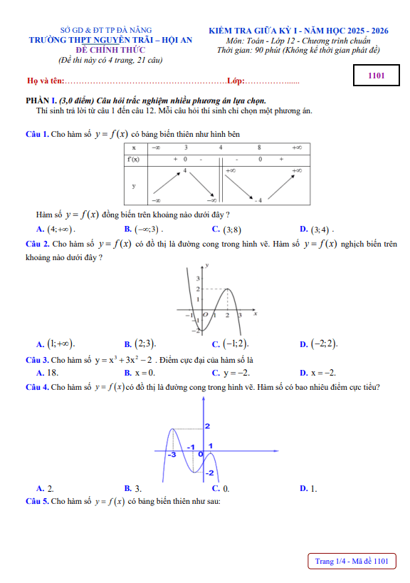 đề giữa kỳ 1 toán 12 năm 2025 – 2026 trường thpt nguyễn trãi – đà nẵng