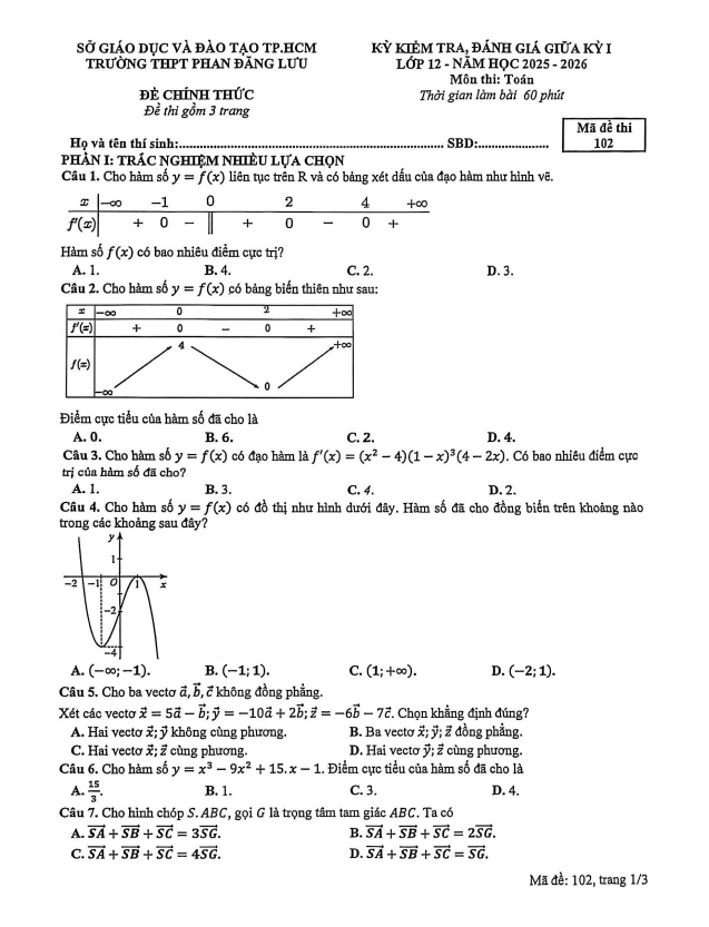 đề giữa kỳ 1 toán 12 năm 2025 – 2026 trường thpt phan đăng lưu – tp hcm