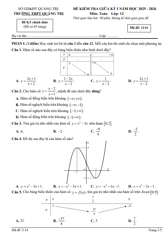 đề giữa kỳ 1 toán 12 năm 2025 – 2026 trường thpt quảng trị – quảng trị