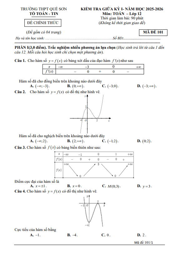 đề giữa kỳ 1 toán 12 năm 2025 – 2026 trường thpt quế sơn – đà nẵng