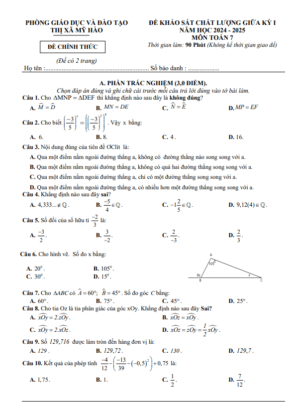 đề giữa kỳ 1 toán 7 năm 2024 – 2025 phòng gd&đt mỹ hào – hưng yên