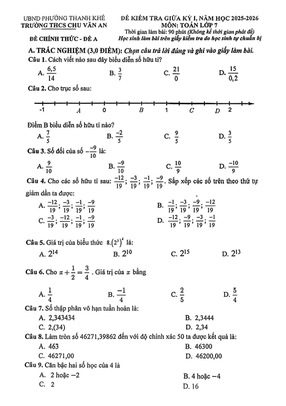 đề giữa kỳ 1 toán 7 năm 2025 – 2026 trường thcs chu văn an – đà nẵng
