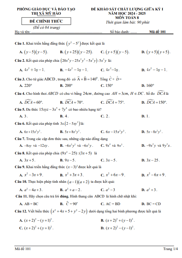 đề giữa kỳ 1 toán 8 năm 2024 – 2025 phòng gd&đt mỹ hào – hưng yên