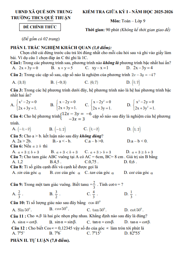 đề giữa kỳ 1 toán 9 năm 2025 – 2026 trường thcs quế thuận – đà nẵng
