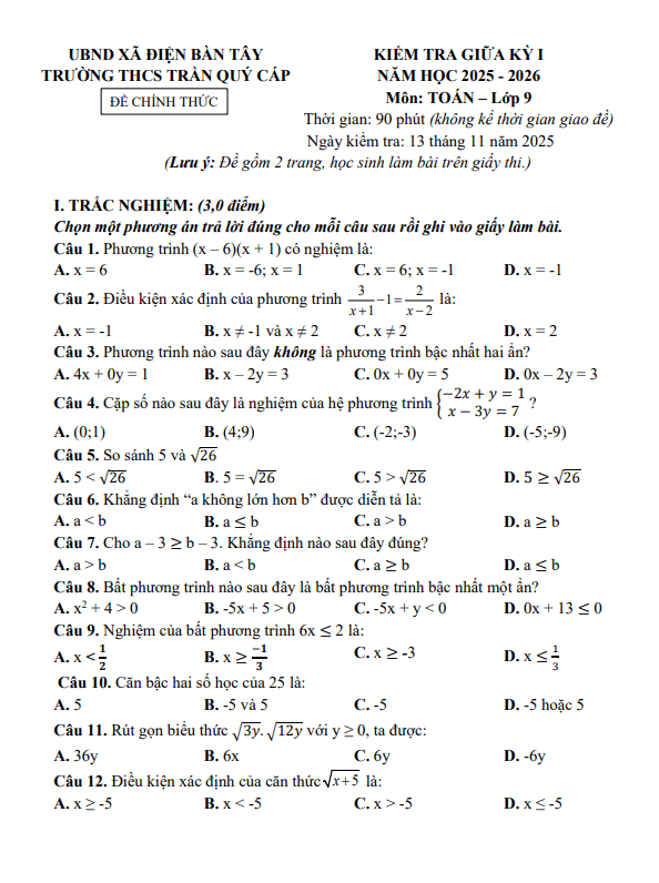 đề giữa kỳ 1 toán 9 năm 2025 – 2026 trường thcs trần quý cáp – đà nẵng