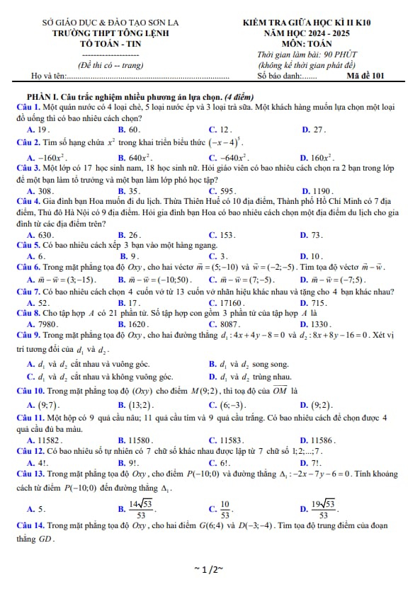 đề giữa kỳ 2 toán 10 năm 2024 – 2025 trường thpt tông lệnh – sơn la
