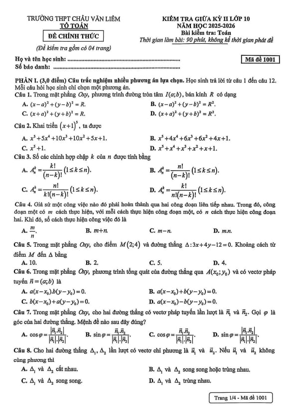 đề giữa kỳ 2 toán 10 năm 2025 – 2026 trường thpt châu văn liêm – cần thơ