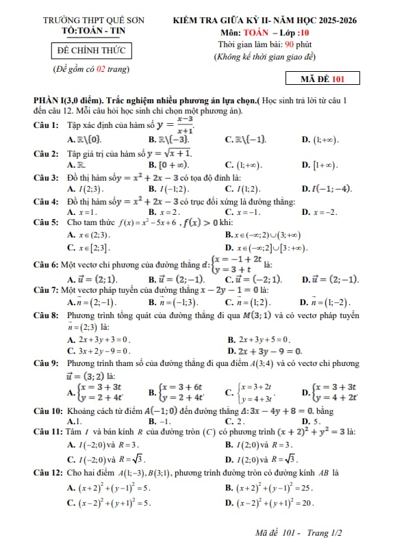 đề giữa kỳ 2 toán 10 năm 2025 – 2026 trường thpt quế sơn – đà nẵng