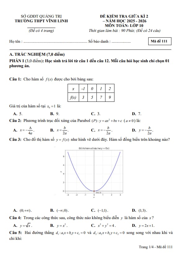 đề giữa kỳ 2 toán 10 năm 2025 – 2026 trường thpt vĩnh linh – quảng trị