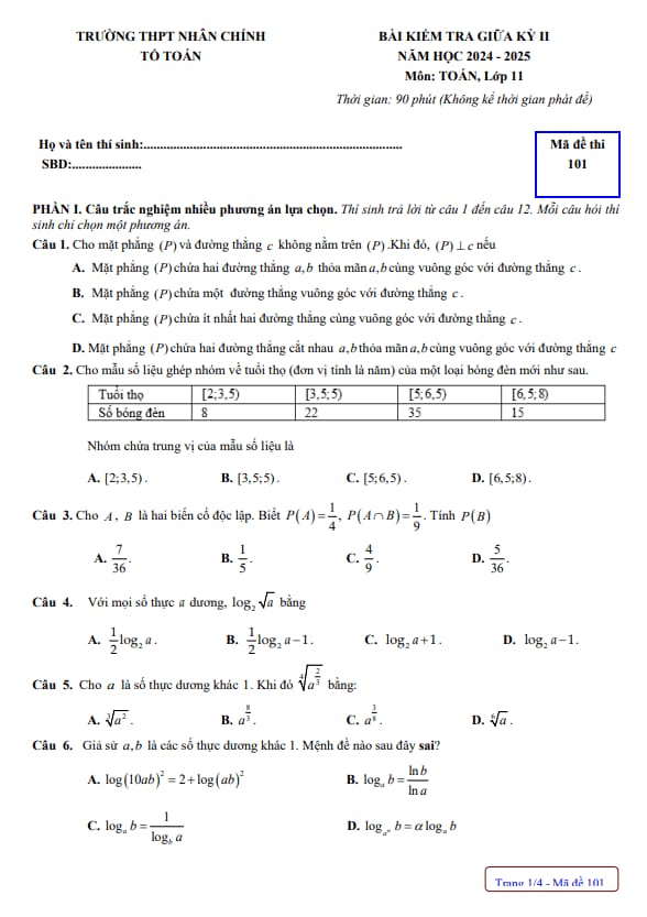 đề giữa kỳ 2 toán 11 năm 2024 – 2025 trường thpt nhân chính – hà nội