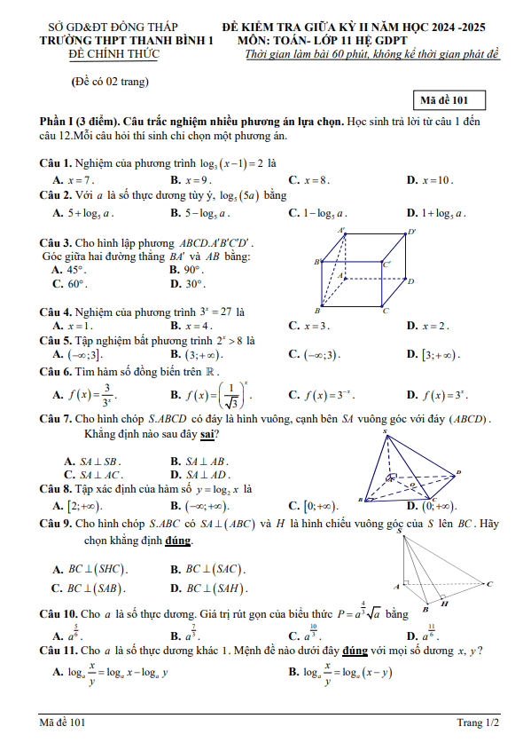 đề giữa kỳ 2 toán 11 năm 2024 – 2025 trường thpt thanh bình 1 – đồng tháp