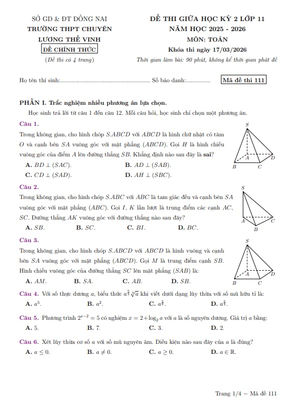 đề giữa kỳ 2 toán 11 năm 2025 – 2026 trường chuyên lương thế vinh – đồng nai