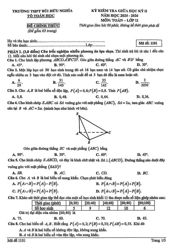 đề giữa kỳ 2 toán 11 năm 2025 – 2026 trường thpt bùi hữu nghĩa – cần thơ