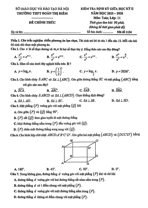 đề giữa kỳ 2 toán 11 năm 2025 – 2026 trường thpt đoàn thị điểm – hà nội