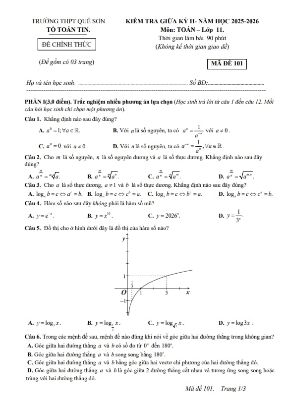 đề giữa kỳ 2 toán 11 năm 2025 – 2026 trường thpt quế sơn – đà nẵng