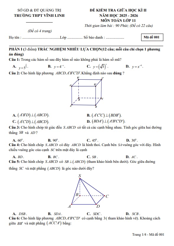 đề giữa kỳ 2 toán 11 năm 2025 – 2026 trường thpt vĩnh linh – quảng trị