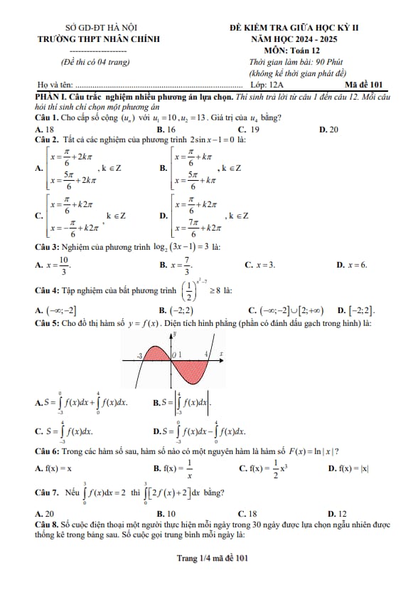 đề giữa kỳ 2 toán 12 năm 2024 – 2025 trường thpt nhân chính – hà nội