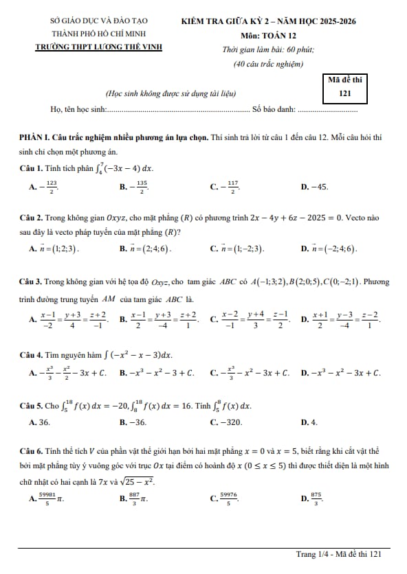 đề giữa kỳ 2 toán 12 năm 2025 – 2026 trường thpt lương thế vinh – tp hcm