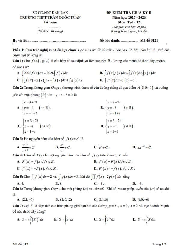 đề giữa kỳ 2 toán 12 năm 2025 – 2026 trường thpt trần quốc tuấn – đắk lắk