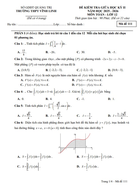 đề giữa kỳ 2 toán 12 năm 2025 – 2026 trường thpt vĩnh linh – quảng trị