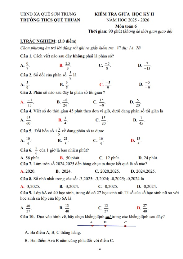 đề giữa kỳ 2 toán 6 năm 2025 – 2026 trường thcs quế thuận – đà nẵng
