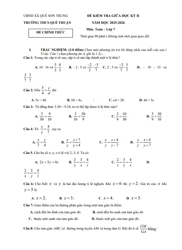 đề giữa kỳ 2 toán 7 năm 2025 – 2026 trường thcs quế thuận – đà nẵng