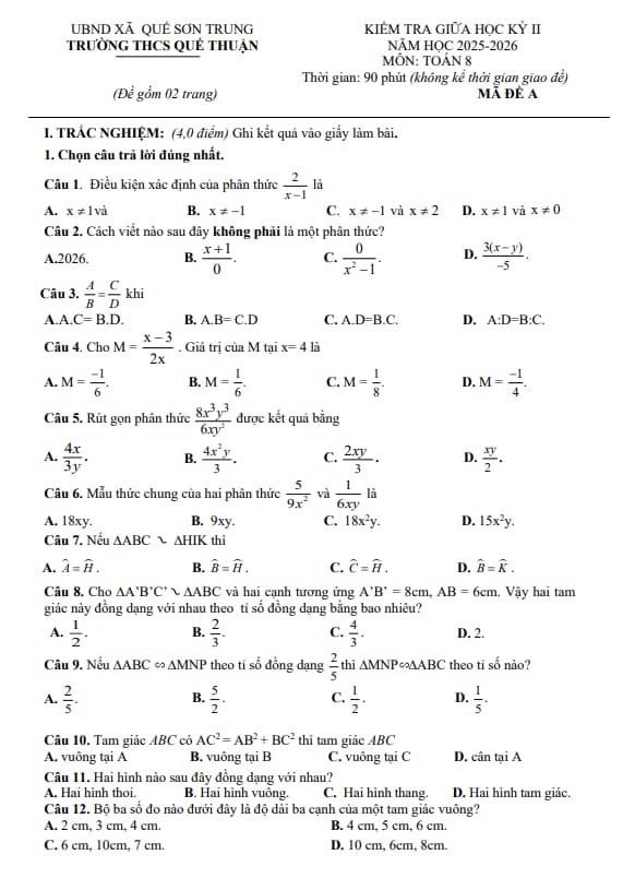 đề giữa kỳ 2 toán 8 năm 2025 – 2026 trường thcs quế thuận – đà nẵng