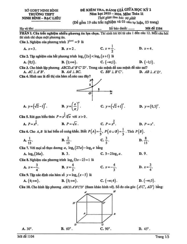 đề gk2 toán 11 năm 2025 – 2026 trường thpt ninh bình – bạc liêu – ninh bình