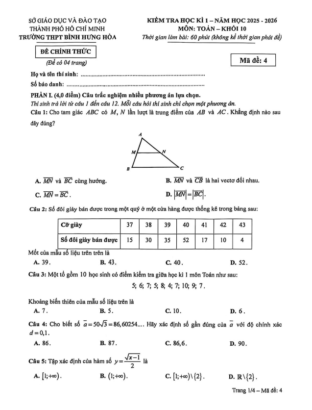 đề học kì 1 toán 10 năm 2025 – 2026 trường thpt bình hưng hòa – tp hcm