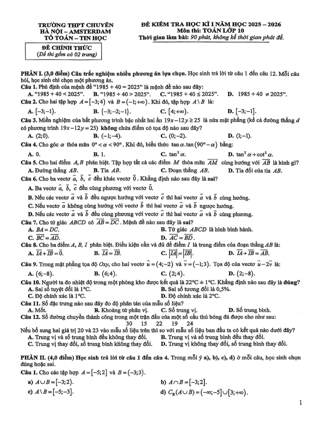 đề học kì 1 toán 10 năm 2025 – 2026 trường thpt chuyên hà nội – amsterdam