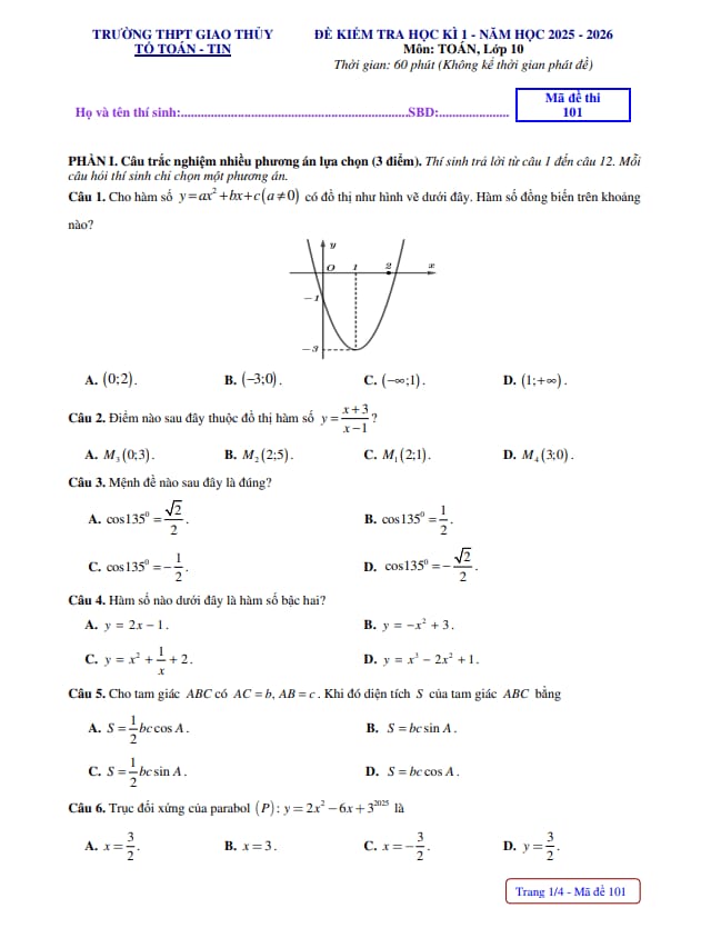 đề học kì 1 toán 10 năm 2025 – 2026 trường thpt giao thủy – ninh bình