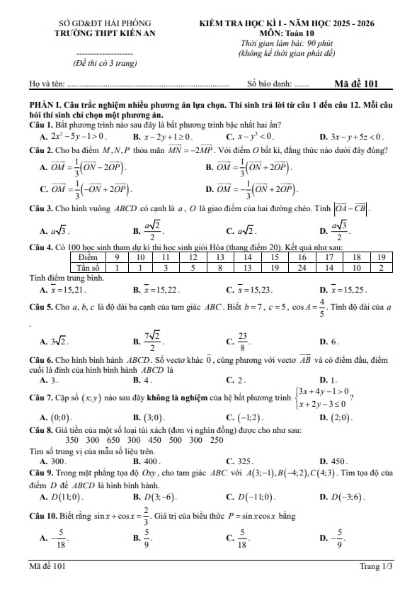 Tài liệu đề học kì 1 toán 10 năm 2025 – 2026 trường thpt kiến an – hải phòng