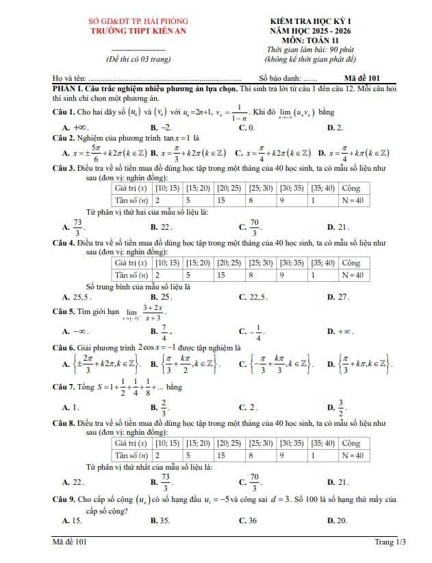 Tài liệu đề học kì 1 toán 11 năm 2025 – 2026 trường thpt kiến an – hải phòng