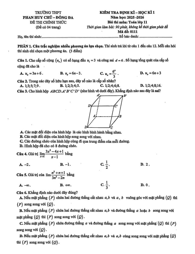 đề học kì 1 toán 11 năm 2025 – 2026 trường thpt phan huy chú – hà nội
