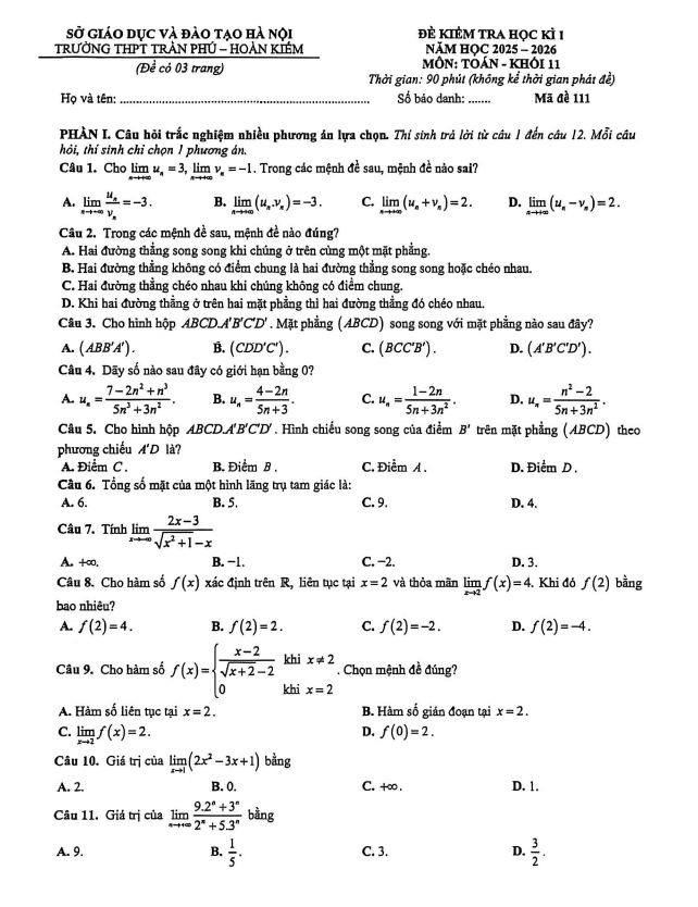 đề học kì 1 toán 11 năm 2025 – 2026 trường thpt trần phú – hà nội
