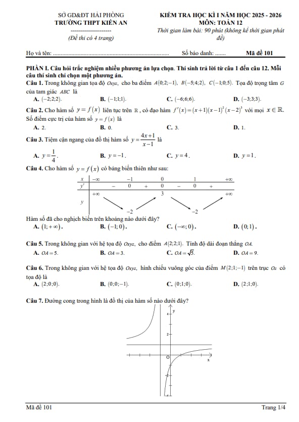 Tài liệu đề học kì 1 toán 12 năm 2025 – 2026 trường thpt kiến an – hải phòng