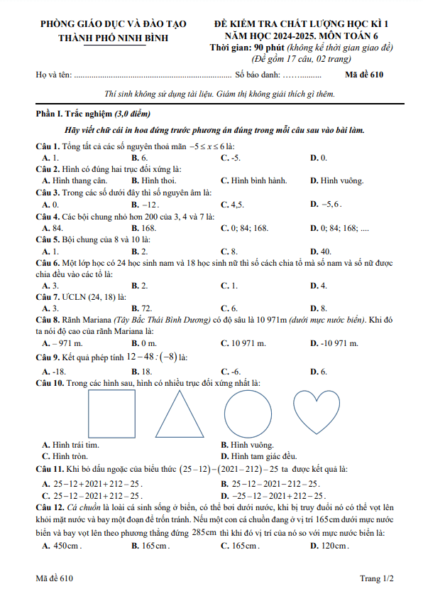 đề học kì 1 toán 6 năm 2024 – 2025 phòng gd&đt thành phố ninh bình