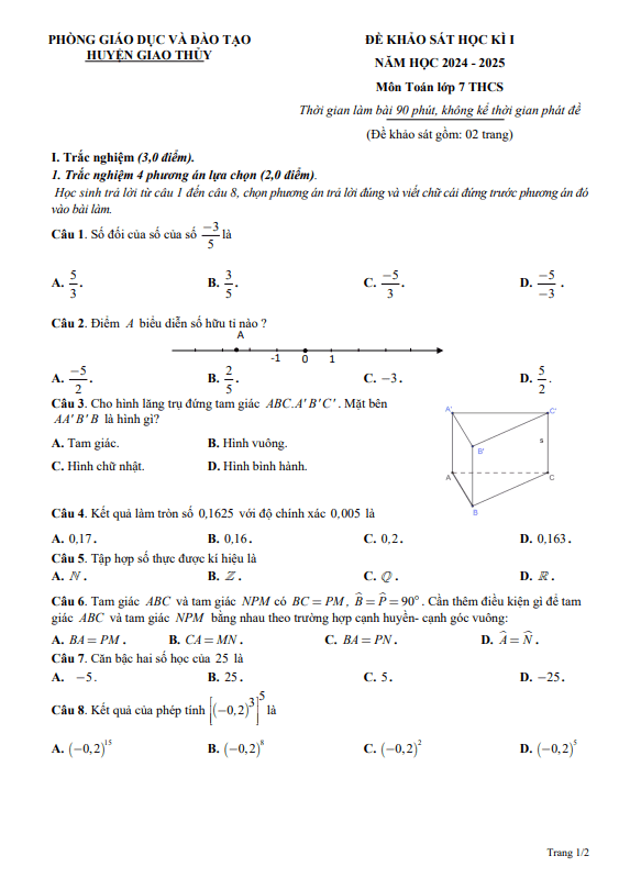 đề học kì 1 toán 7 năm 2024 – 2025 phòng gd&đt giao thủy – nam định