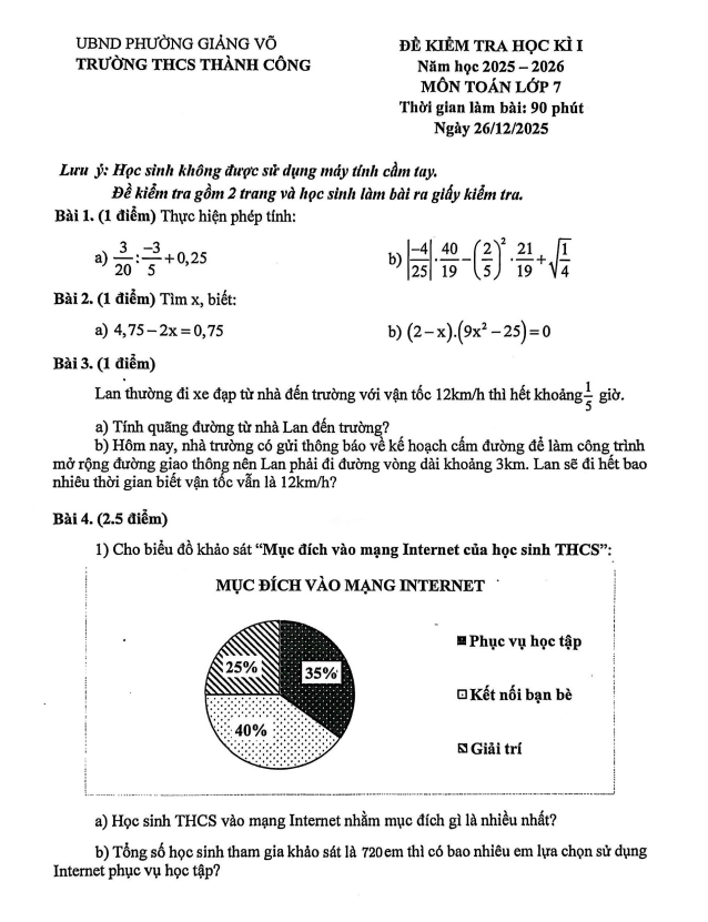 đề học kì 1 toán 7 năm 2025 – 2026 trường thcs thành công – hà nội