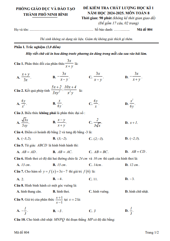 đề học kì 1 toán 8 năm 2024 – 2025 phòng gd&đt thành phố ninh bình