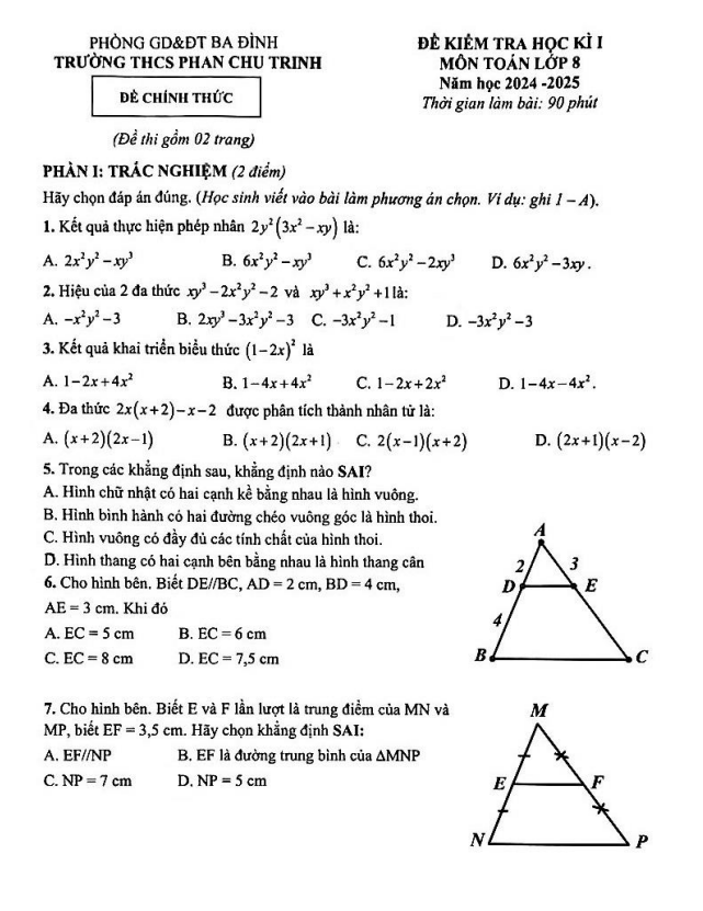 đề học kì 1 toán 8 năm 2024 – 2025 trường thcs phan chu trinh – hà nội