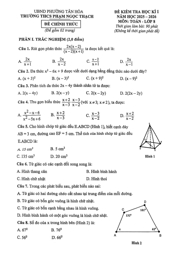 đề học kì 1 toán 8 năm 2025 – 2026 trường thcs phạm ngọc thạch – tp hcm