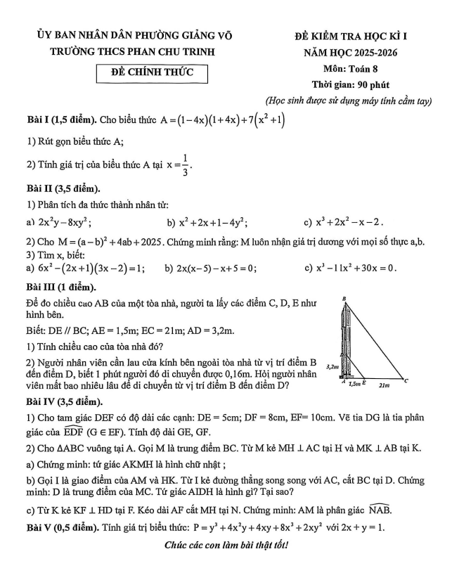 đề học kì 1 toán 8 năm 2025 – 2026 trường thcs phan chu trinh – hà nội