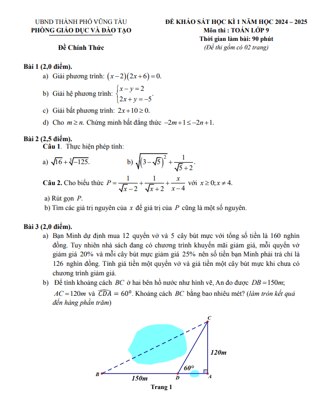 đề học kì 1 toán 9 năm 2024 – 2025 phòng gd&đt vũng tàu – br vt