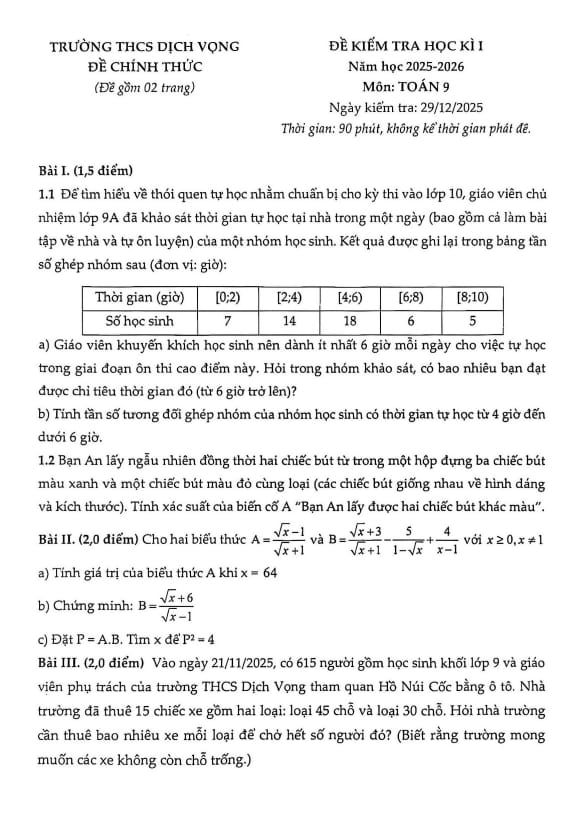 đề học kì 1 toán 9 năm 2025 – 2026 trường thcs dịch vọng – hà nội