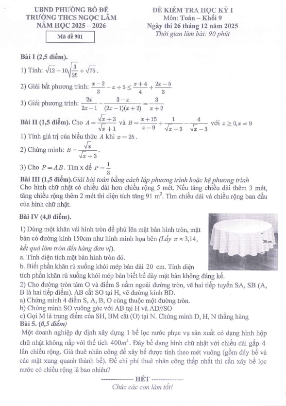 đề học kì 1 toán 9 năm 2025 – 2026 trường thcs ngọc lâm – hà nội
